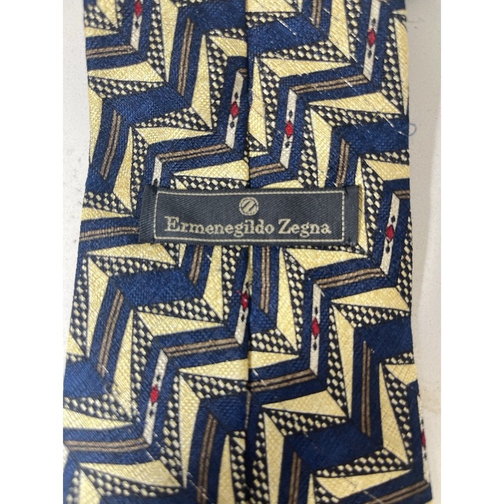 Ermenegildo Zegna Tie Blue Yellow Geometric Abstract 100% Silk Italy 59.5 x 4